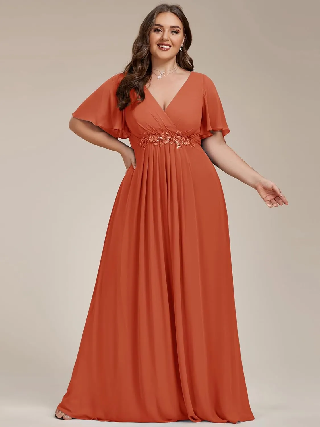 Ever-Pretty Women's Chiffon V Neck Short Sleeves Appliques Plus Size Dresses for Curvy Women Formal Dresses 01960-DA
