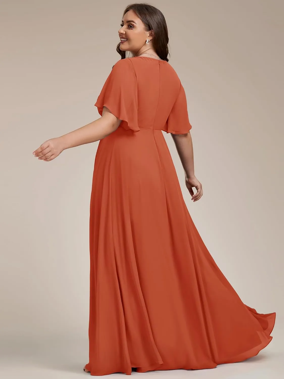 Ever-Pretty Women's Chiffon V Neck Short Sleeves Appliques Plus Size Dresses for Curvy Women Formal Dresses 01960-DA