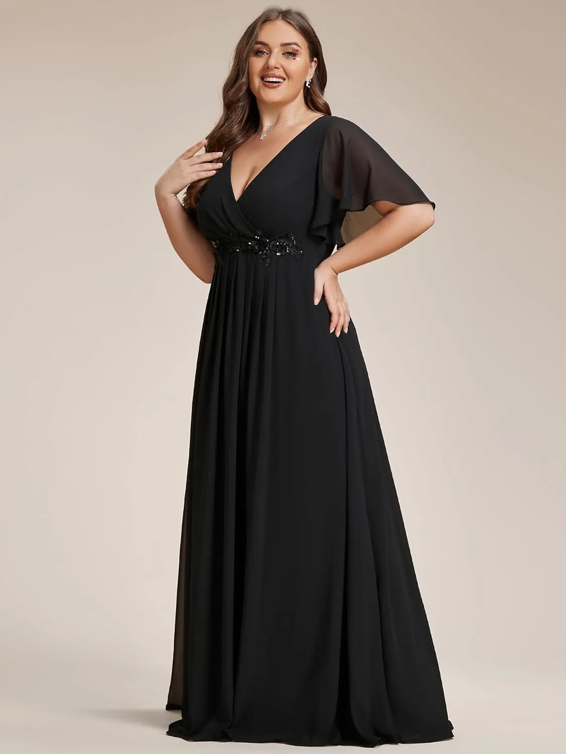 Ever-Pretty Women's Chiffon V Neck Short Sleeves Appliques Plus Size Dresses for Curvy Women Formal Dresses 01960-DA