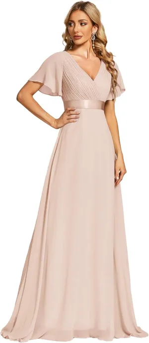 Ever-Pretty Women's Classic Chiffon Short Sleeve Pleated V-Neck Floor Length Bridesmaid Dresses 09890