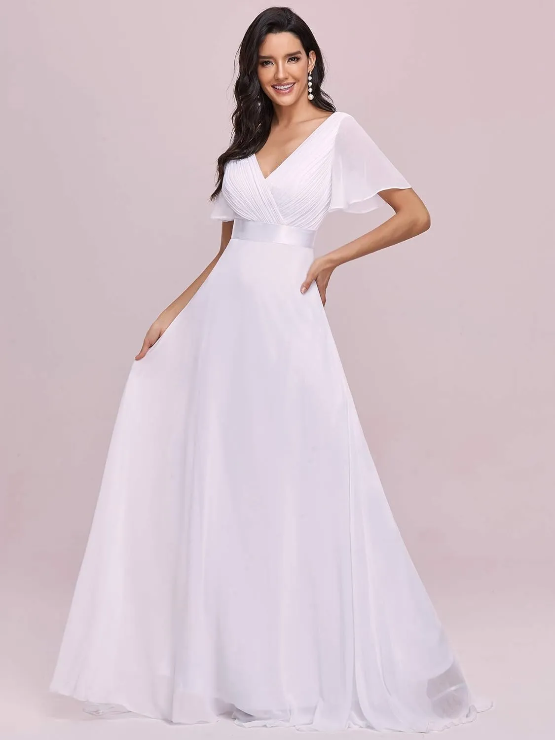 Ever-Pretty Women's Classic Chiffon Short Sleeve Pleated V-Neck Floor Length Bridesmaid Dresses 09890