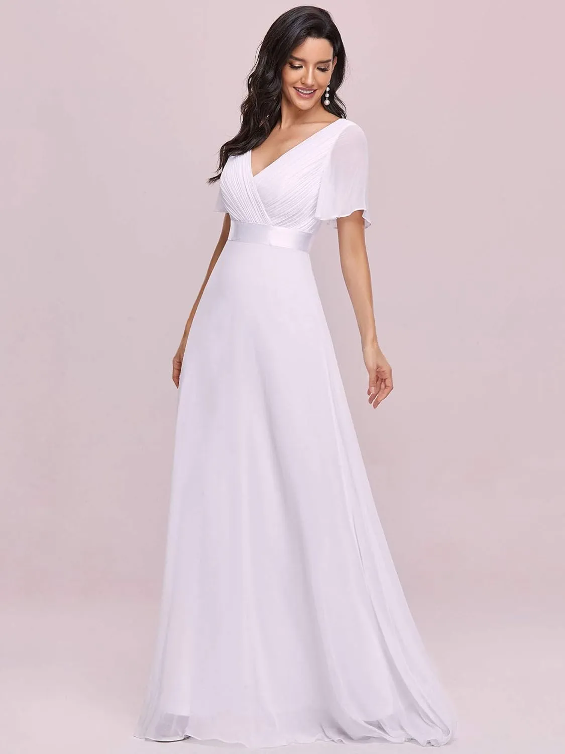 Ever-Pretty Women's Classic Chiffon Short Sleeve Pleated V-Neck Floor Length Bridesmaid Dresses 09890