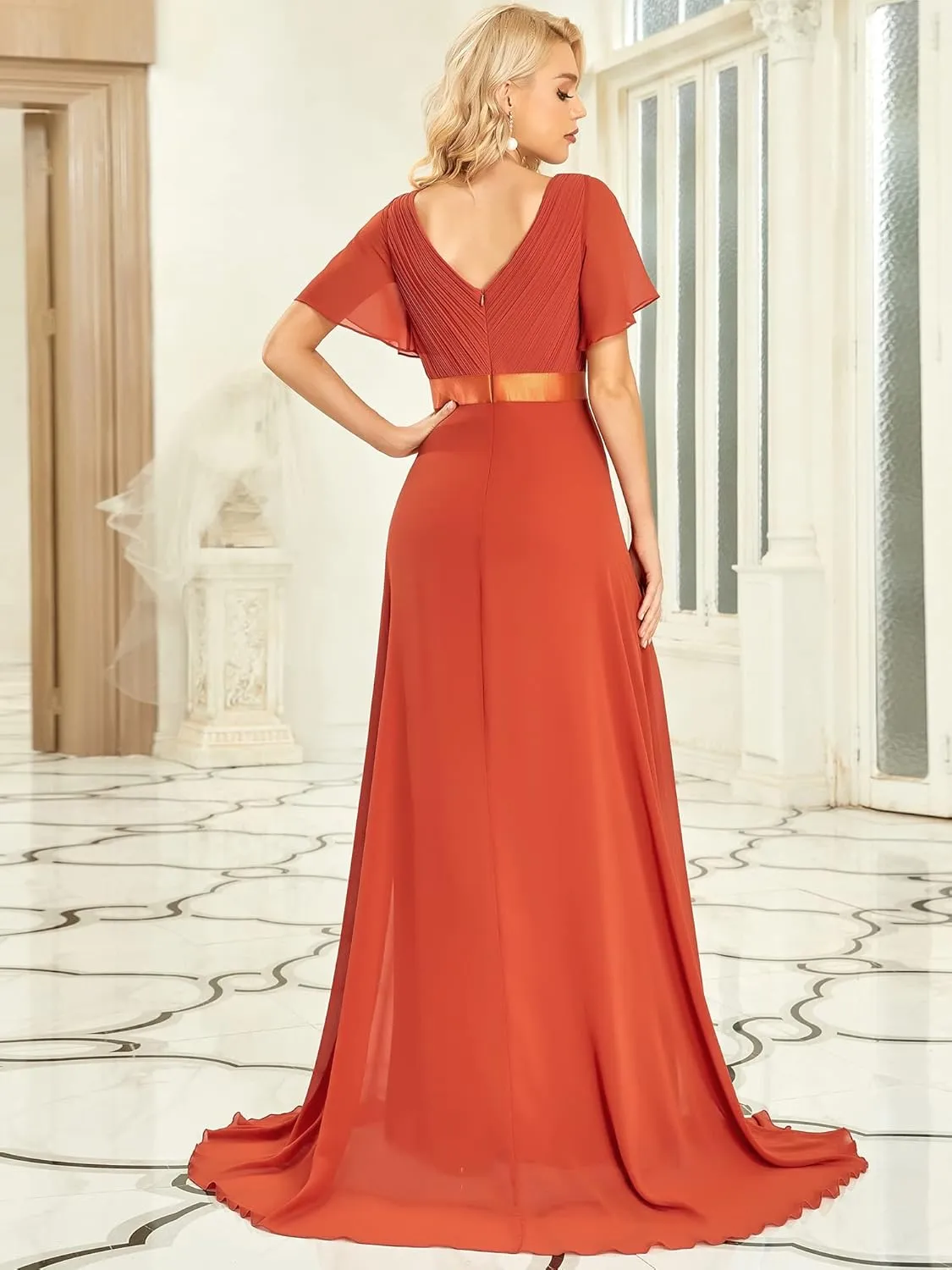 Ever-Pretty Women's Classic Chiffon Short Sleeve Pleated V-Neck Floor Length Bridesmaid Dresses 09890