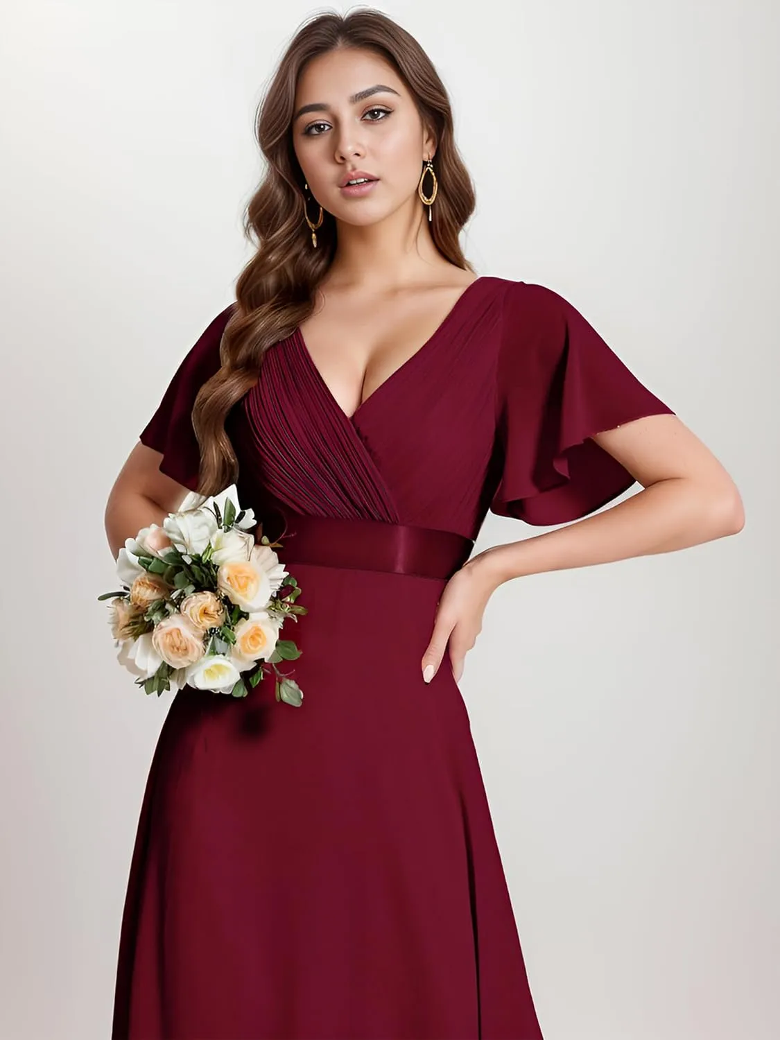 Ever-Pretty Women's Classic Chiffon Short Sleeve Pleated V-Neck Floor Length Bridesmaid Dresses 09890