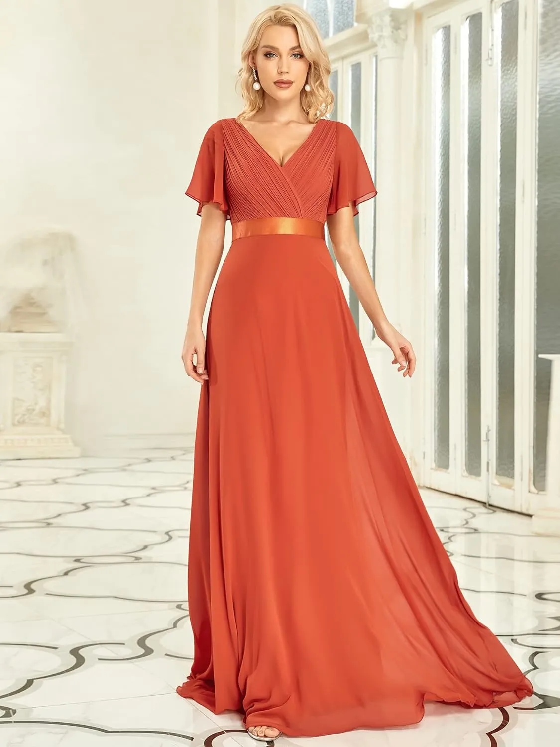 Ever-Pretty Women's Classic Chiffon Short Sleeve Pleated V-Neck Floor Length Bridesmaid Dresses 09890