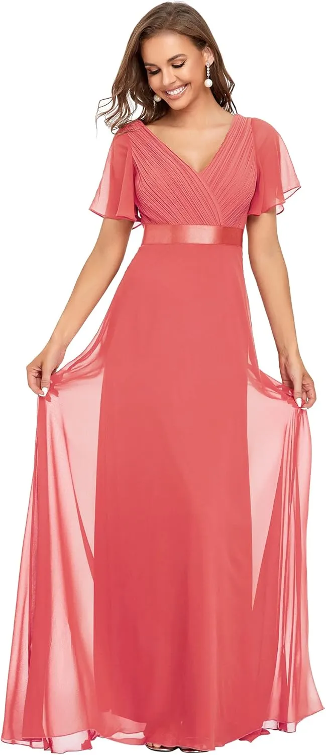 Ever-Pretty Women's Classic Chiffon Short Sleeve Pleated V-Neck Floor Length Bridesmaid Dresses 09890