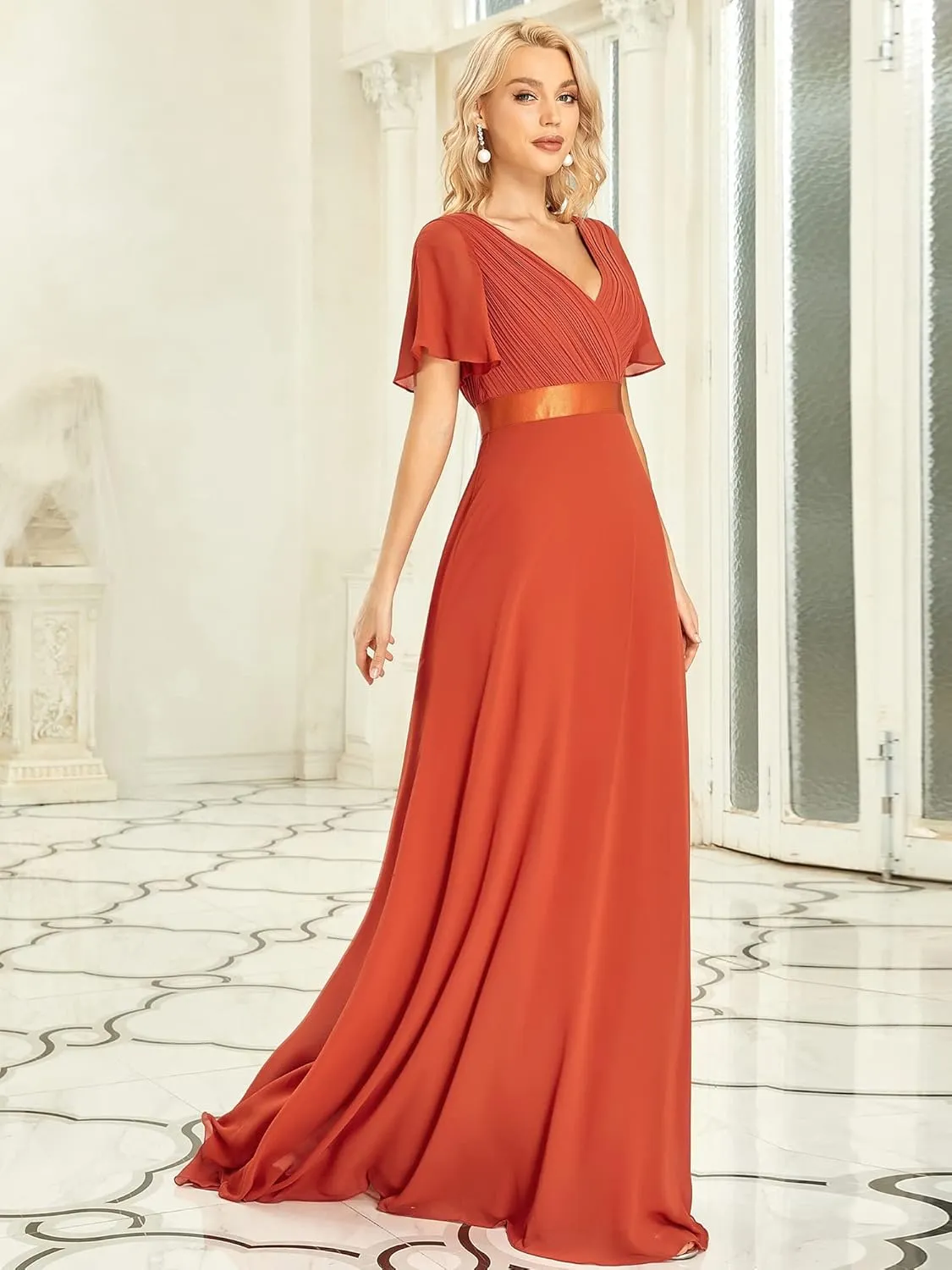 Ever-Pretty Women's Classic Chiffon Short Sleeve Pleated V-Neck Floor Length Bridesmaid Dresses 09890