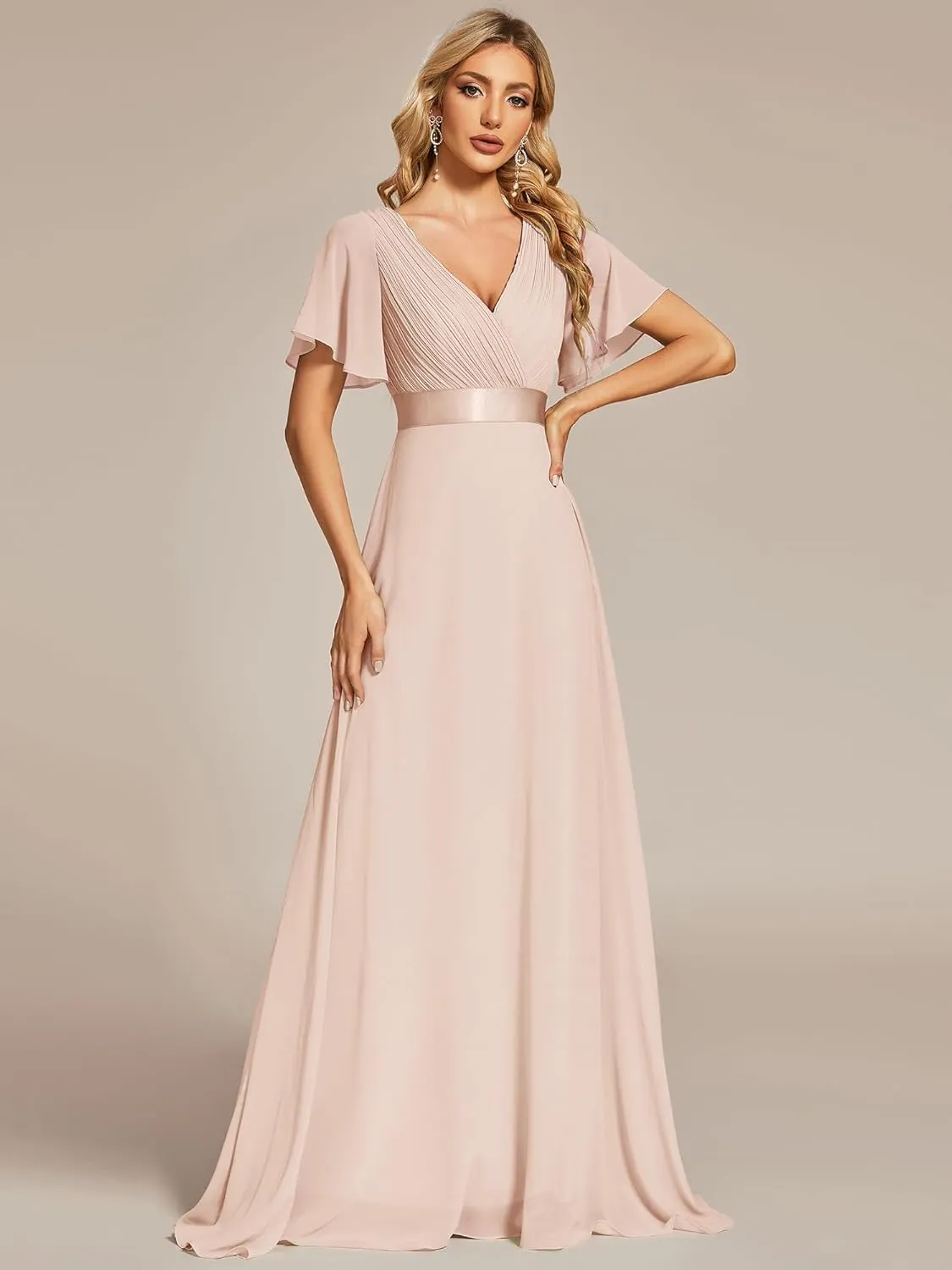 Ever-Pretty Women's Classic Chiffon Short Sleeve Pleated V-Neck Floor Length Bridesmaid Dresses 09890