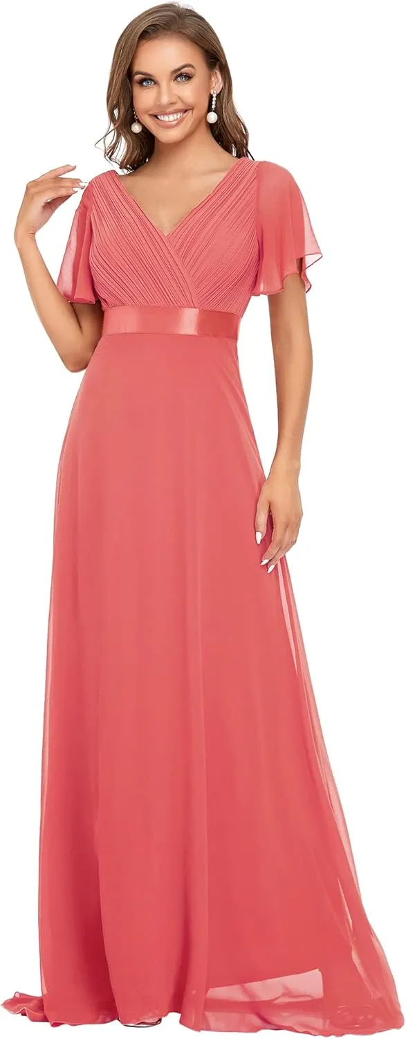 Ever-Pretty Women's Classic Chiffon Short Sleeve Pleated V-Neck Floor Length Bridesmaid Dresses 09890
