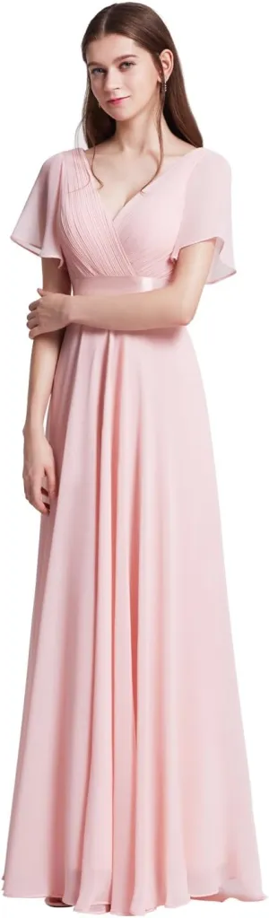 Ever-Pretty Women's Classic Chiffon Short Sleeve Pleated V-Neck Floor Length Bridesmaid Dresses 09890