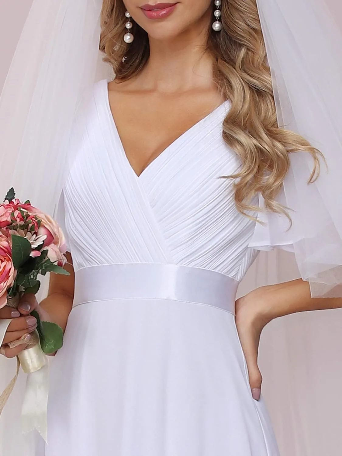 Ever-Pretty Women's Classic Chiffon Short Sleeve Pleated V-Neck Floor Length Bridesmaid Dresses 09890