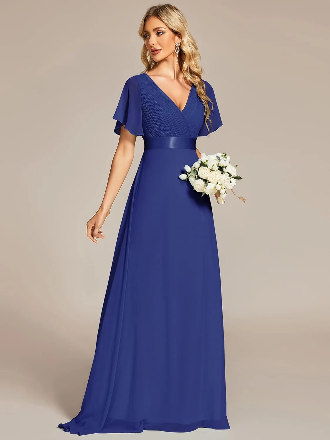 Ever-Pretty Women's Classic Chiffon Short Sleeve Pleated V-Neck Floor Length Bridesmaid Dresses 09890