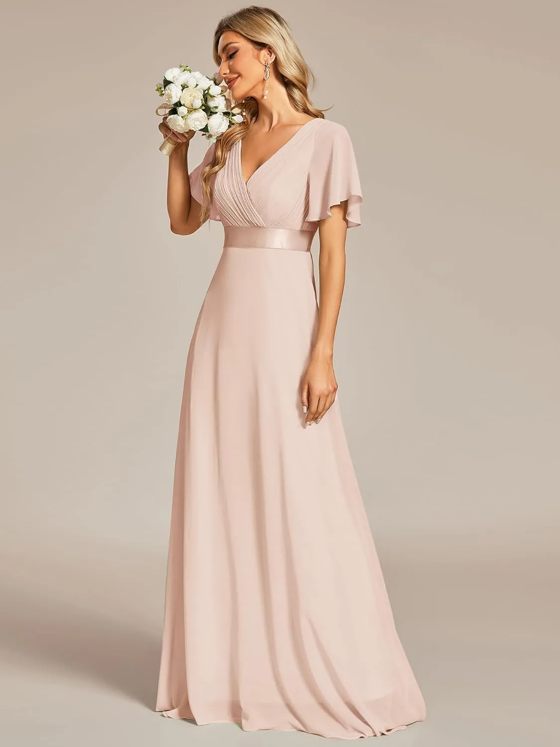 Ever-Pretty Women's Classic Chiffon Short Sleeve Pleated V-Neck Floor Length Bridesmaid Dresses 09890