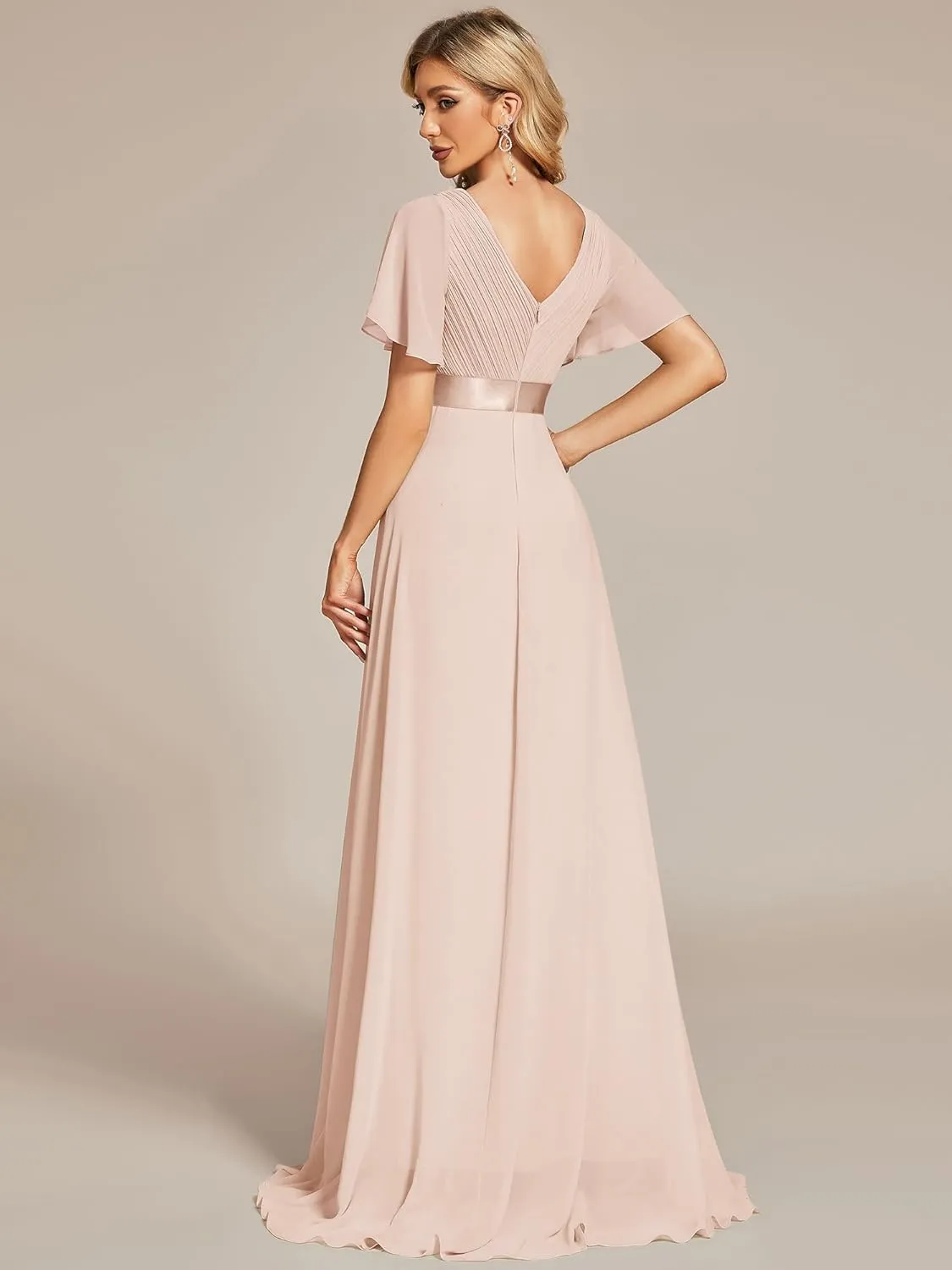 Ever-Pretty Women's Classic Chiffon Short Sleeve Pleated V-Neck Floor Length Bridesmaid Dresses 09890