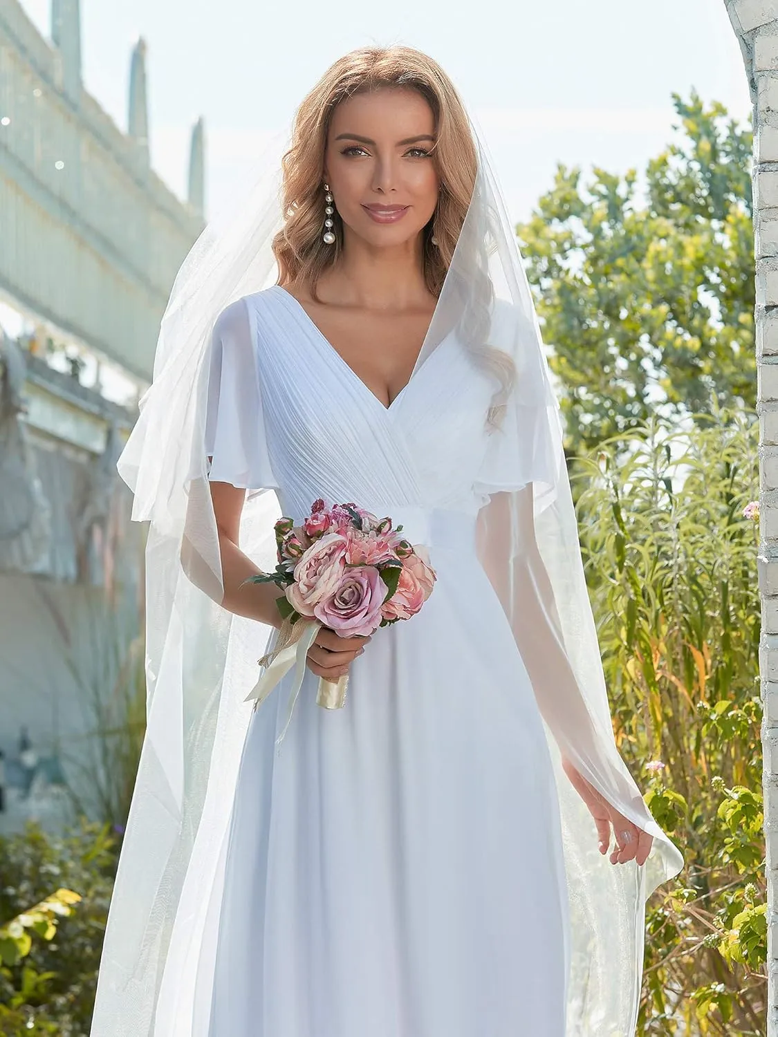 Ever-Pretty Women's Classic Chiffon Short Sleeve Pleated V-Neck Floor Length Bridesmaid Dresses 09890