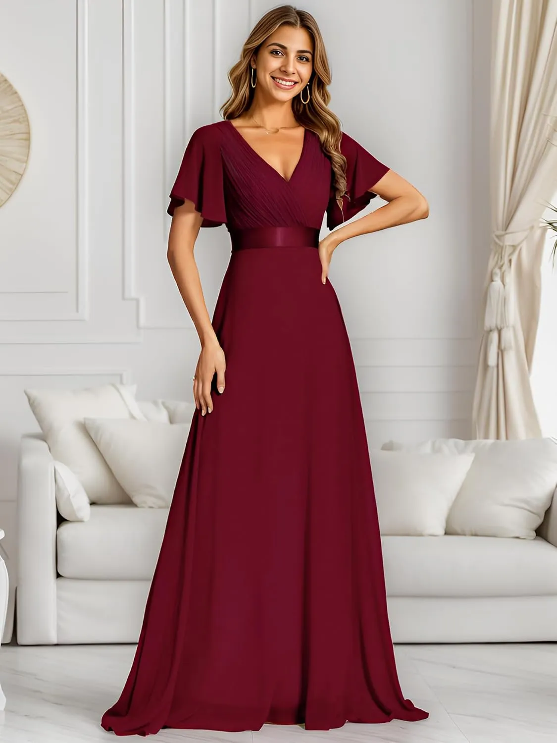 Ever-Pretty Women's Classic Chiffon Short Sleeve Pleated V-Neck Floor Length Bridesmaid Dresses 09890