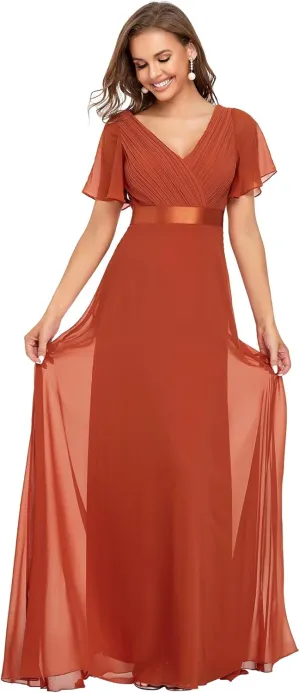 Ever-Pretty Women's Classic Chiffon Short Sleeve Pleated V-Neck Floor Length Bridesmaid Dresses 09890