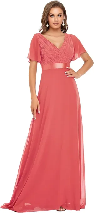 Ever-Pretty Women's Classic Chiffon Short Sleeve Pleated V-Neck Floor Length Bridesmaid Dresses 09890
