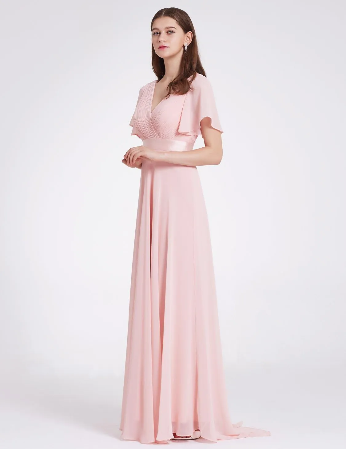 Ever-Pretty Women's Classic Chiffon Short Sleeve Pleated V-Neck Floor Length Bridesmaid Dresses 09890