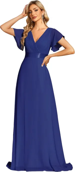 Ever-Pretty Women's Classic Chiffon Short Sleeve Pleated V-Neck Floor Length Bridesmaid Dresses 09890