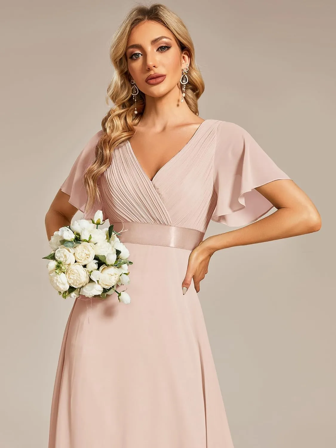Ever-Pretty Women's Classic Chiffon Short Sleeve Pleated V-Neck Floor Length Bridesmaid Dresses 09890