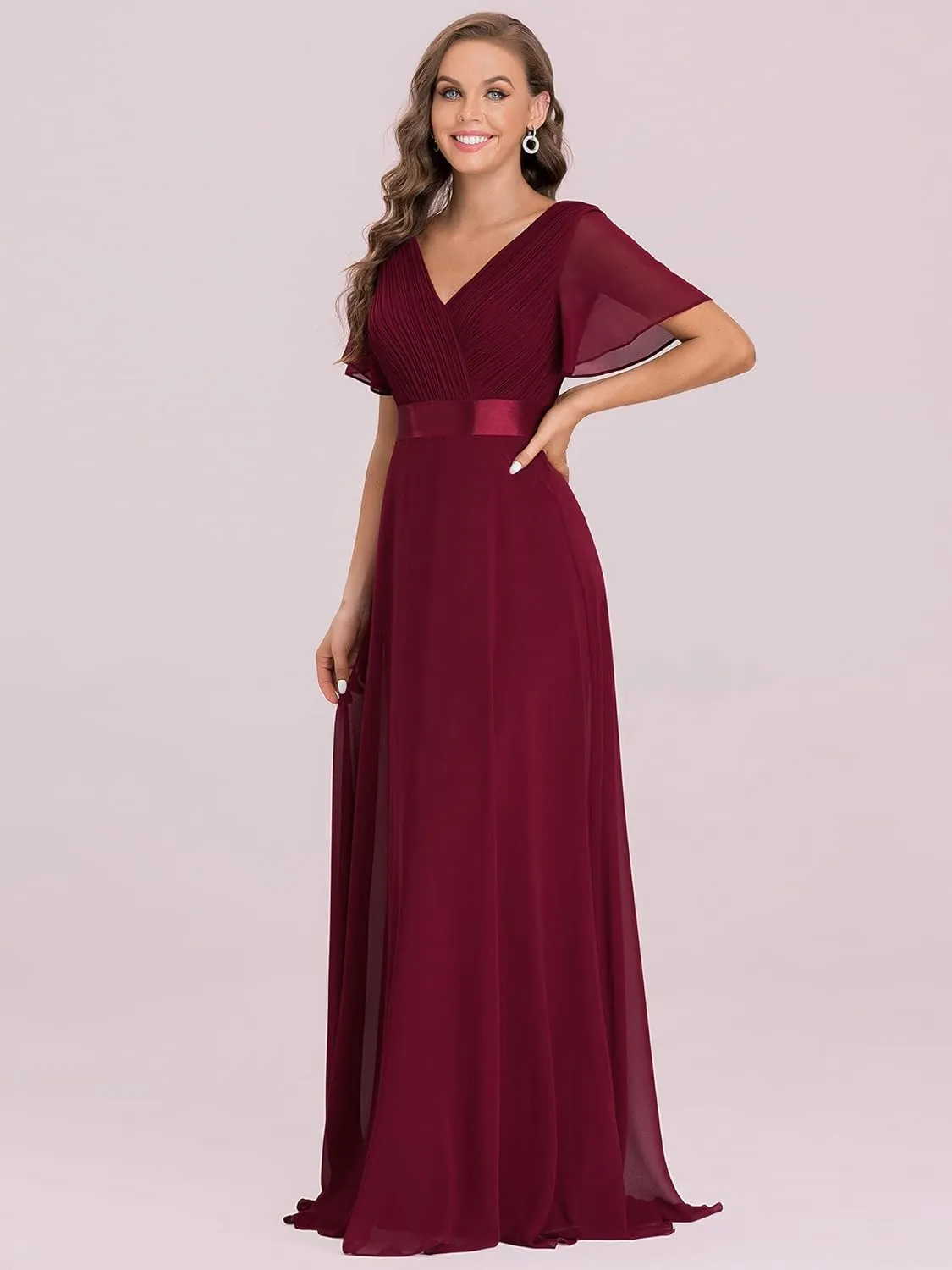 Ever-Pretty Women's Classic Chiffon Short Sleeve Pleated V-Neck Floor Length Bridesmaid Dresses 09890