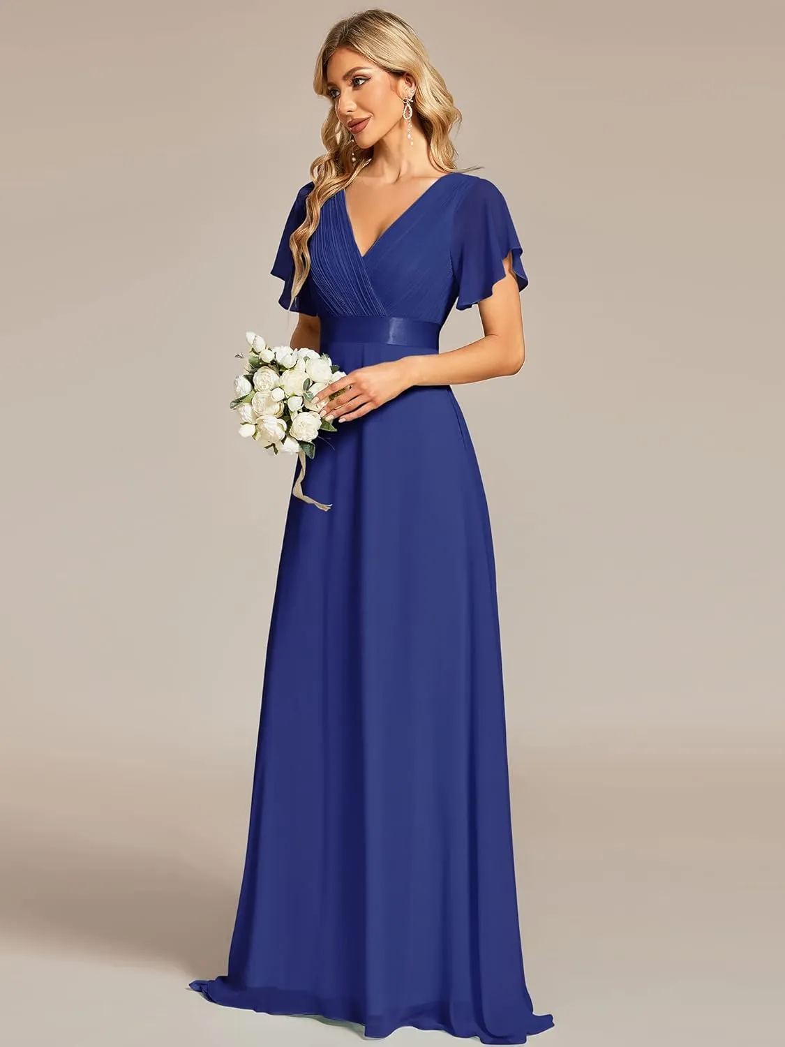 Ever-Pretty Women's Classic Chiffon Short Sleeve Pleated V-Neck Floor Length Bridesmaid Dresses 09890