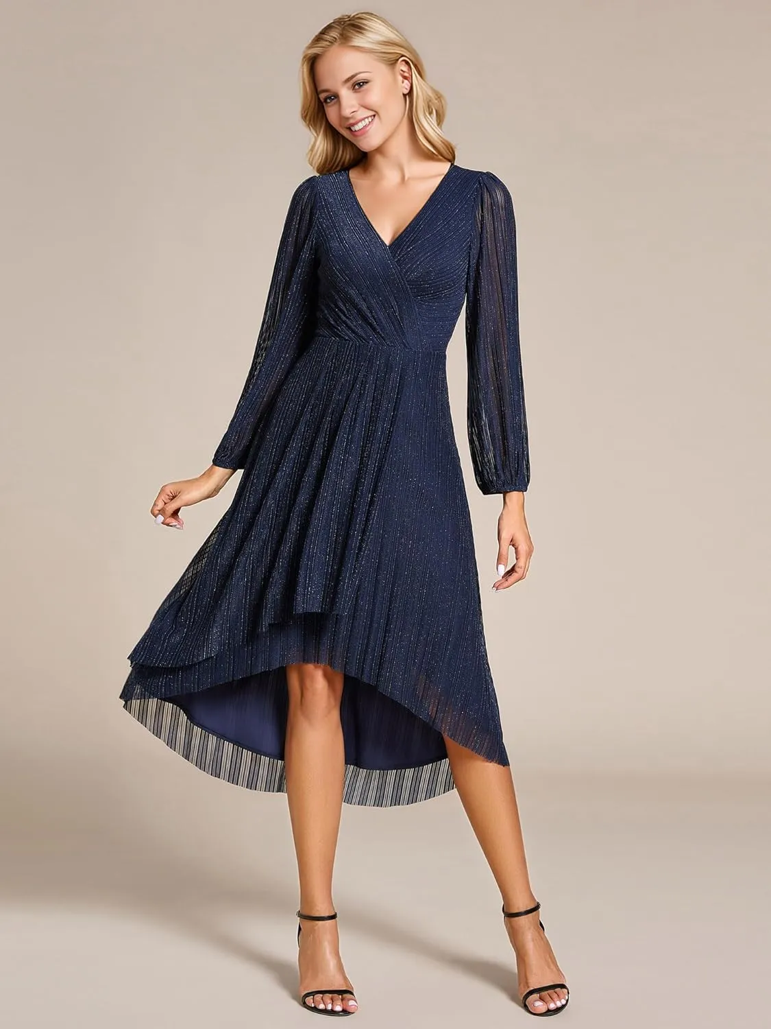 Ever-Pretty Women's Classic Glitter V Neck Sheer Long Sleeves Midi Wedding Guest Dresses 02266-PH