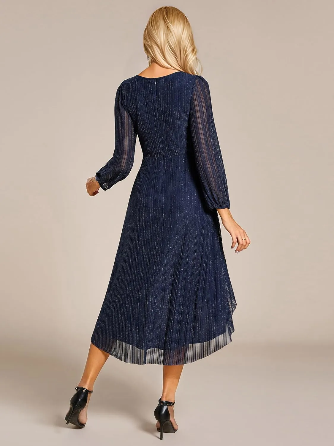 Ever-Pretty Women's Classic Glitter V Neck Sheer Long Sleeves Midi Wedding Guest Dresses 02266-PH