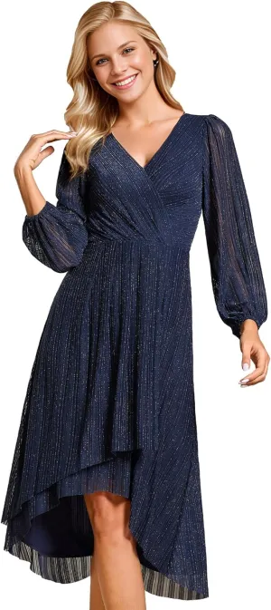 Ever-Pretty Women's Classic Glitter V Neck Sheer Long Sleeves Midi Wedding Guest Dresses 02266-PH