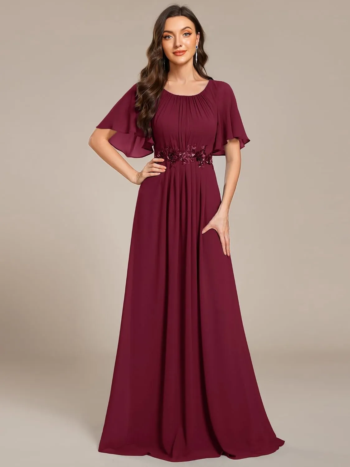 Ever-Pretty Women's Classic Round Neck Pleated Short Sleeves Chiffon Appliques Floor Length A Line Evening Dresses 02960
