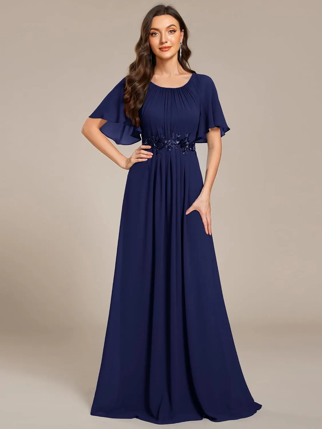 Ever-Pretty Women's Classic Round Neck Pleated Short Sleeves Chiffon Appliques Floor Length A Line Evening Dresses 02960