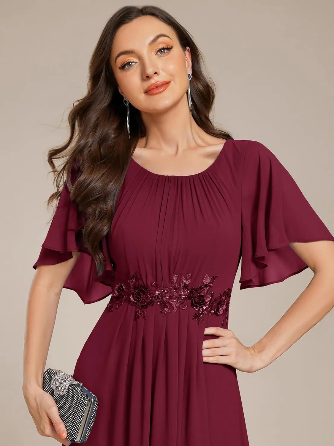Ever-Pretty Women's Classic Round Neck Pleated Short Sleeves Chiffon Appliques Floor Length A Line Evening Dresses 02960