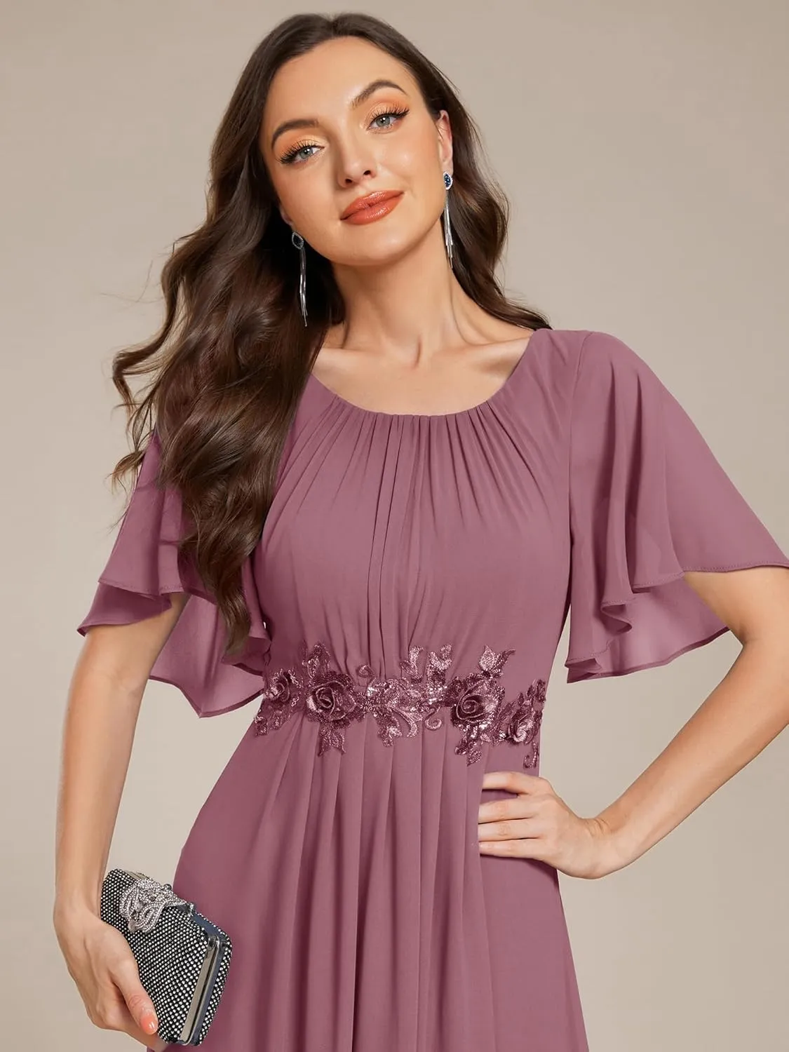 Ever-Pretty Women's Classic Round Neck Pleated Short Sleeves Chiffon Appliques Floor Length A Line Evening Dresses 02960