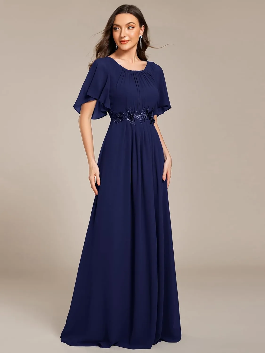 Ever-Pretty Women's Classic Round Neck Pleated Short Sleeves Chiffon Appliques Floor Length A Line Evening Dresses 02960