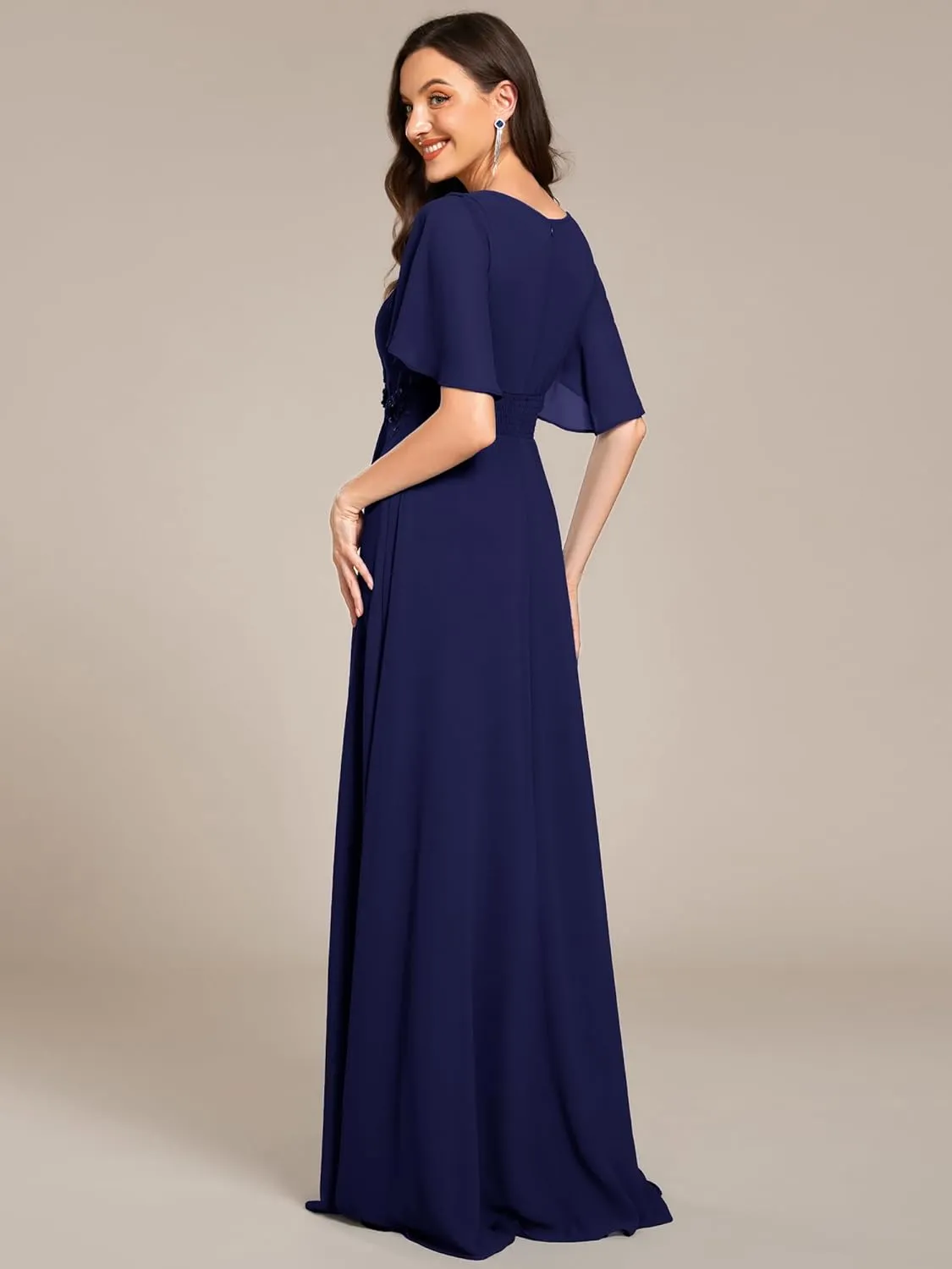 Ever-Pretty Women's Classic Round Neck Pleated Short Sleeves Chiffon Appliques Floor Length A Line Evening Dresses 02960