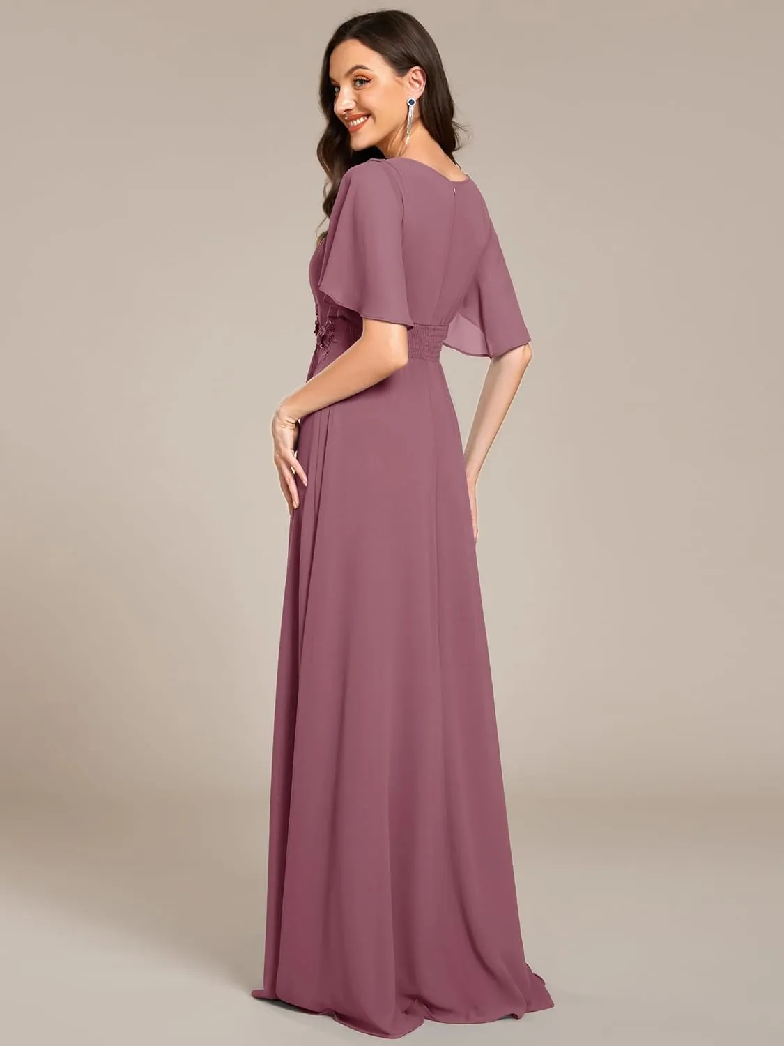 Ever-Pretty Women's Classic Round Neck Pleated Short Sleeves Chiffon Appliques Floor Length A Line Evening Dresses 02960
