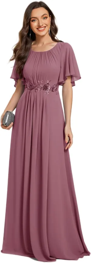 Ever-Pretty Women's Classic Round Neck Pleated Short Sleeves Chiffon Appliques Floor Length A Line Evening Dresses 02960