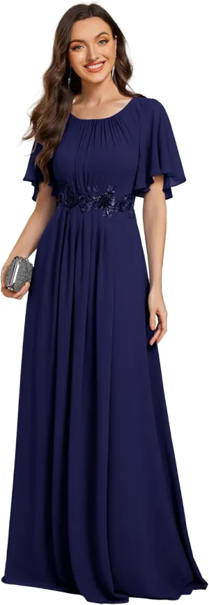 Ever-Pretty Women's Classic Round Neck Pleated Short Sleeves Chiffon Appliques Floor Length A Line Evening Dresses 02960