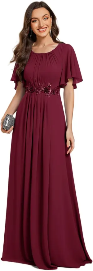 Ever-Pretty Women's Classic Round Neck Pleated Short Sleeves Chiffon Appliques Floor Length A Line Evening Dresses 02960