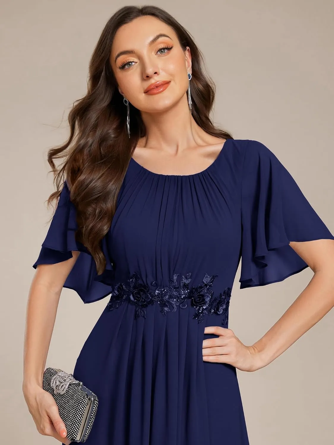 Ever-Pretty Women's Classic Round Neck Pleated Short Sleeves Chiffon Appliques Floor Length A Line Evening Dresses 02960