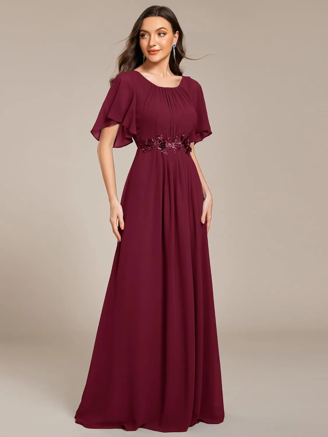 Ever-Pretty Women's Classic Round Neck Pleated Short Sleeves Chiffon Appliques Floor Length A Line Evening Dresses 02960