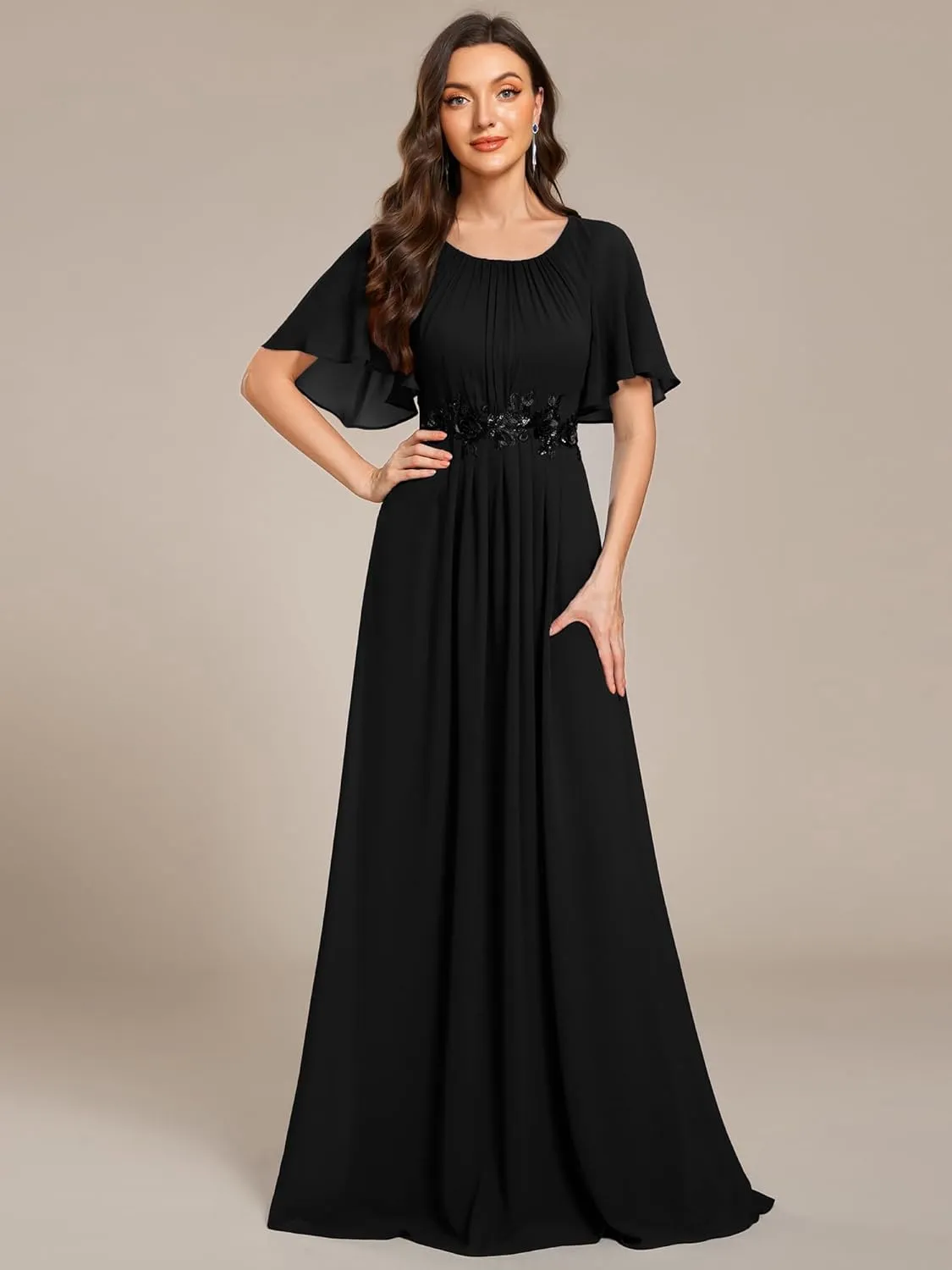 Ever-Pretty Women's Classic Round Neck Pleated Short Sleeves Chiffon Appliques Floor Length A Line Evening Dresses 02960
