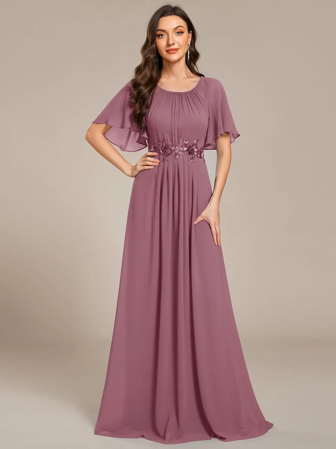 Ever-Pretty Women's Classic Round Neck Pleated Short Sleeves Chiffon Appliques Floor Length A Line Evening Dresses 02960
