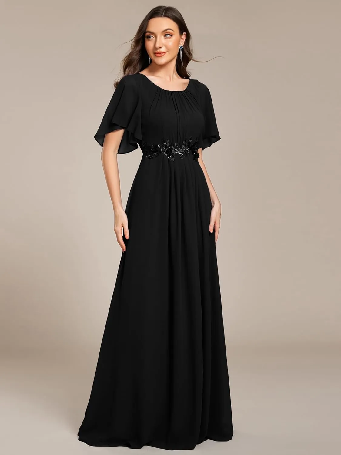 Ever-Pretty Women's Classic Round Neck Pleated Short Sleeves Chiffon Appliques Floor Length A Line Evening Dresses 02960