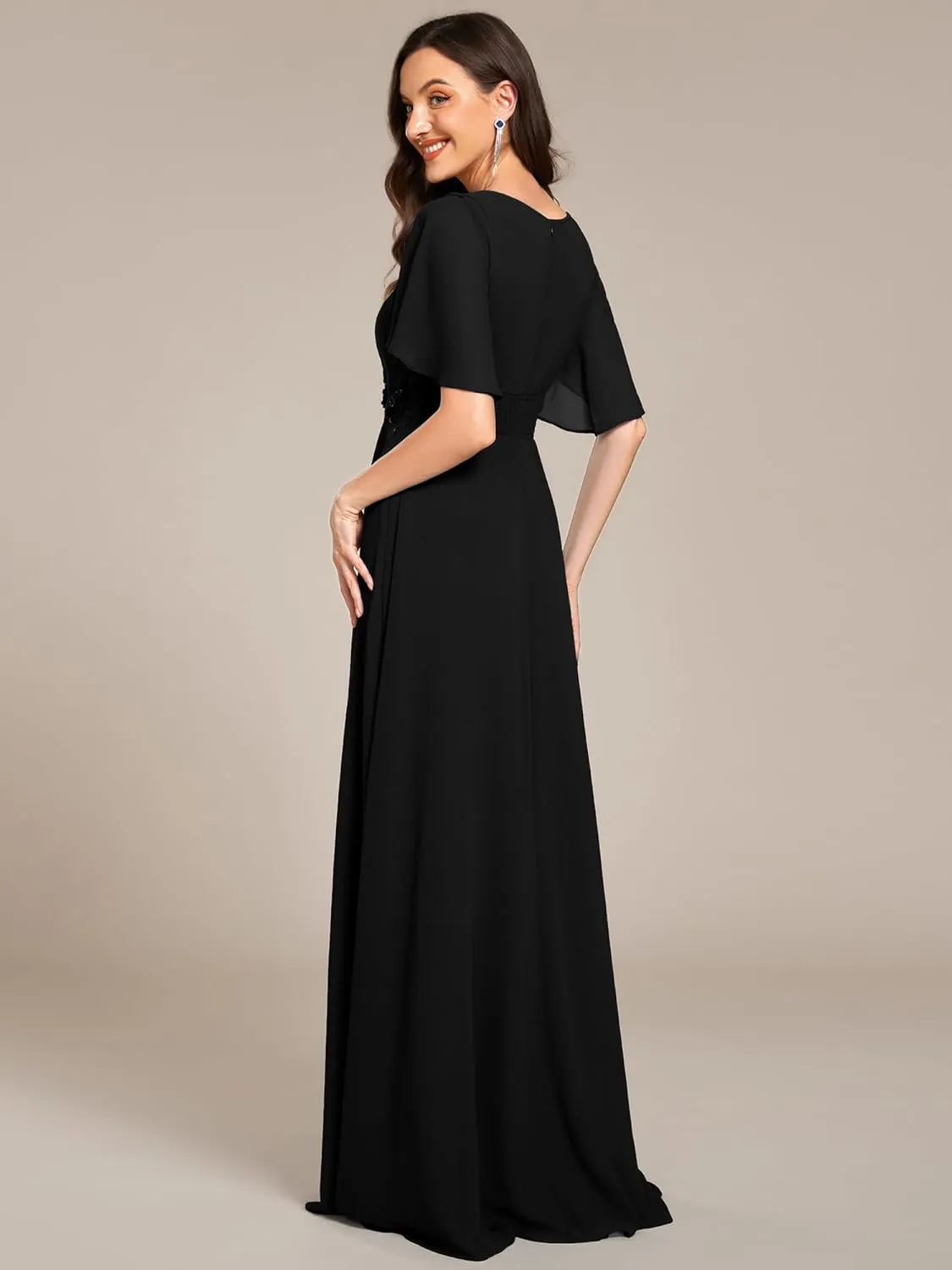 Ever-Pretty Women's Classic Round Neck Pleated Short Sleeves Chiffon Appliques Floor Length A Line Evening Dresses 02960