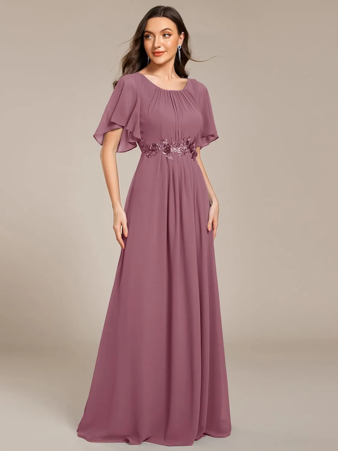 Ever-Pretty Women's Classic Round Neck Pleated Short Sleeves Chiffon Appliques Floor Length A Line Evening Dresses 02960