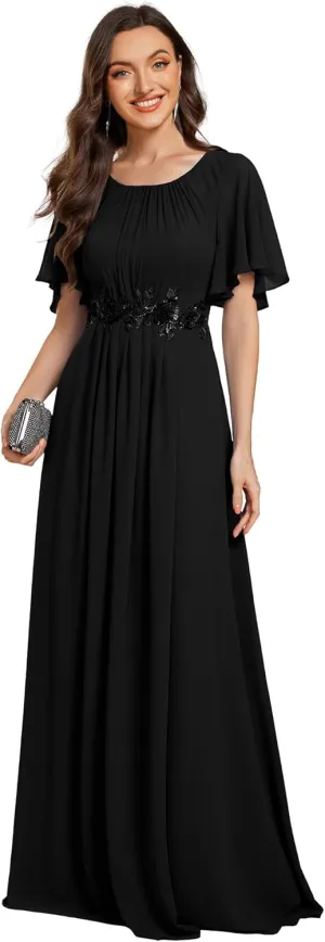 Ever-Pretty Women's Classic Round Neck Pleated Short Sleeves Chiffon Appliques Floor Length A Line Evening Dresses 02960