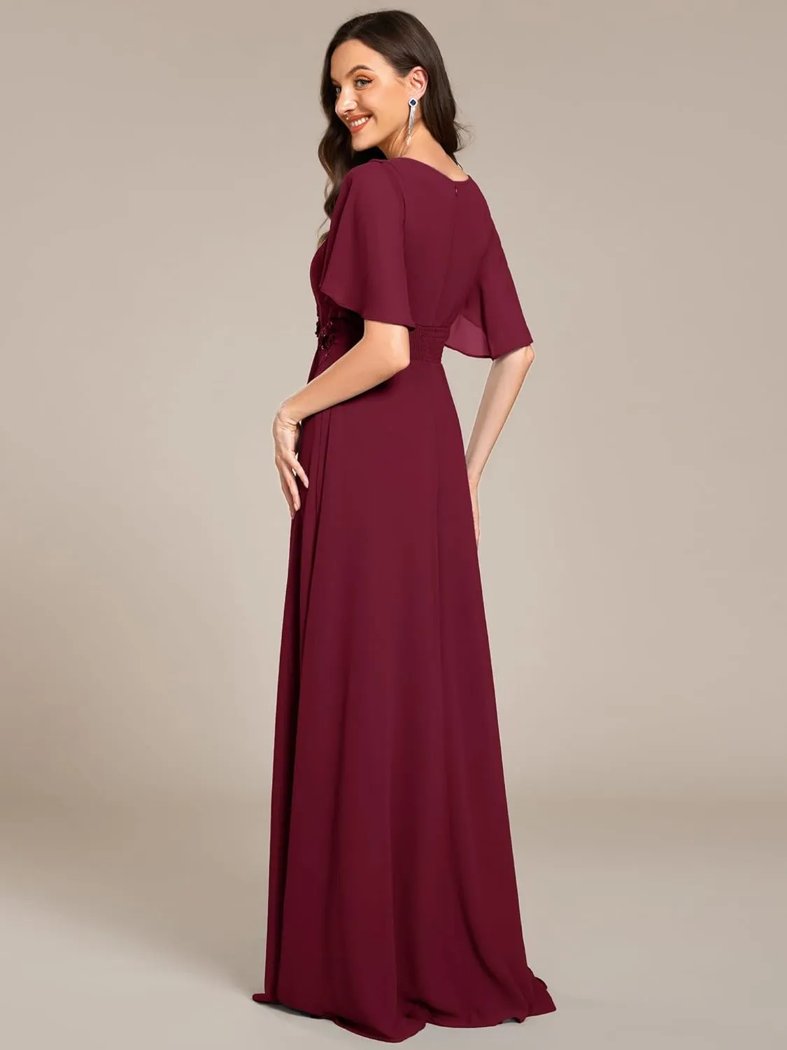 Ever-Pretty Women's Classic Round Neck Pleated Short Sleeves Chiffon Appliques Floor Length A Line Evening Dresses 02960