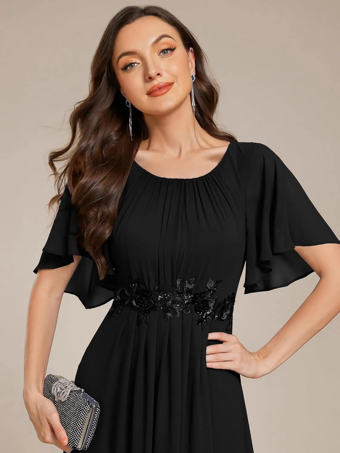 Ever-Pretty Women's Classic Round Neck Pleated Short Sleeves Chiffon Appliques Floor Length A Line Evening Dresses 02960